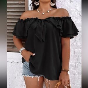 Luxe plus black size off shoulder tie front frill trim blouse